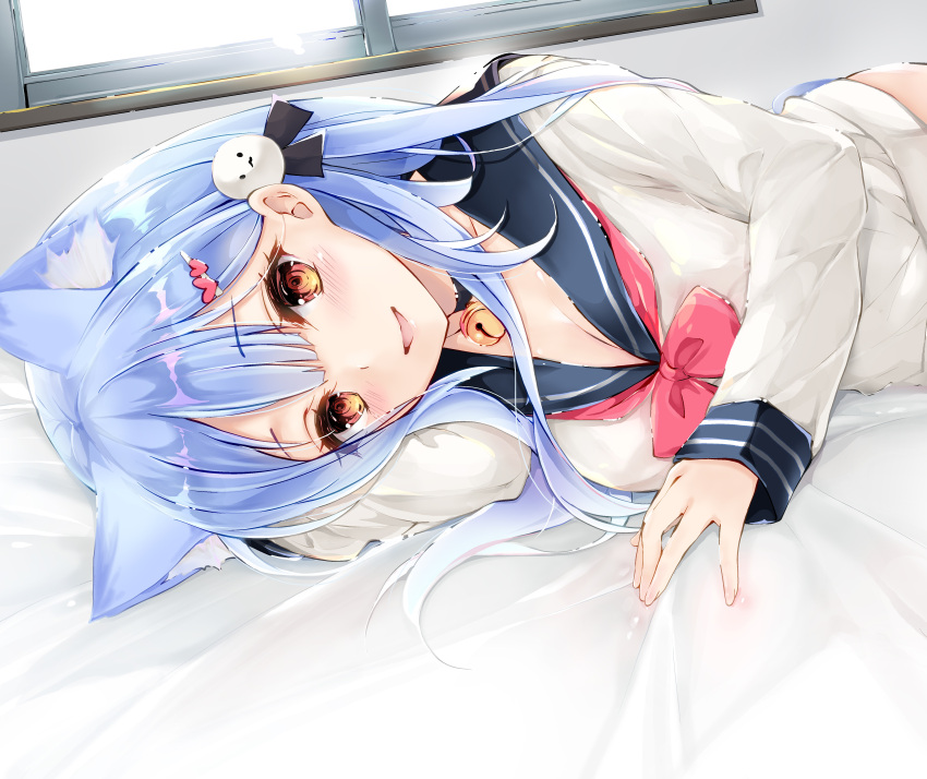 1girls big_breasts blue_hair blush breasts cat_ears catgirl dress laying_down laying_on_bed purple_hair school_uniform schoolgirl shikai_yue thighs virtual_youtuber yagami_shuichi yellow_eyes