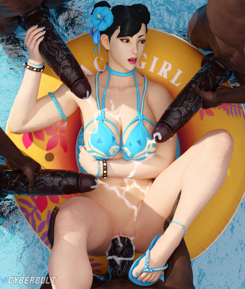 1girls 3d 4boys alternate_version_available artist_name beach chun-li cum cum_in_pussy cum_inside cum_on_body cum_on_breasts cyberbolt dark-skinned_male gangbang group_sex highres huge_penis interracial multiple_boys penis pool sex street_fighter street_fighter_v