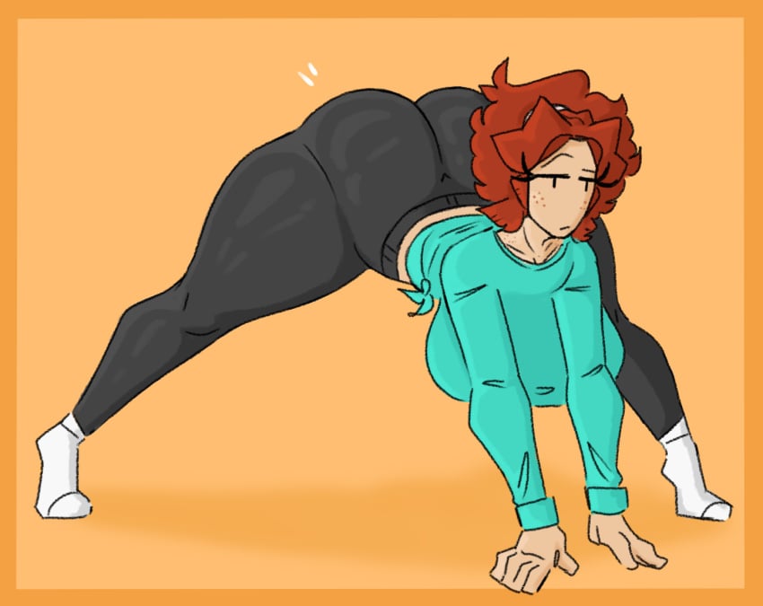 big_ass big_breasts freckles huge_ass legs_apart long_sleeves mae_(shewiff) mob_face ponytail red_hair shewiff shirt stretching thick_thighs yoga yoga_pants |_|