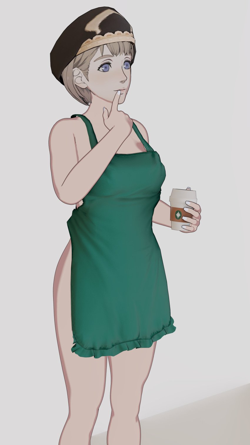 1girls 3d alternate_version_available apron blue_eyes breasts emilyblend34 fire_emblem fire_emblem:_three_houses hat holding_cup holding_object iced_latte_with_breast_milk large_breasts meme mercedes_von_martritz nail_polish naked_apron nintendo post-timeskip short_hair smile solo white_nails