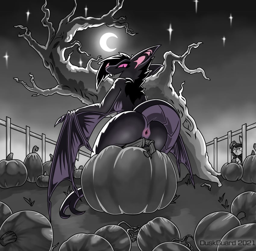 2021 anthro anus ass bat black_and_white black_hair chimera chiropteran convenient_censorship dead_tree duskguard female fence food fruit fur grey_body grey_fur greyscale habu_(duskguard) hair halloween hi_res holidays looking_at_viewer looking_back mammal membrane_(anatomy) membranous_wings monochrome moon night nude open_mouth open_smile pink_eyes plant presenting presenting_anus presenting_hindquarters pumpkin pumpkin_patch reptile scalie smile snake solo star tree wings