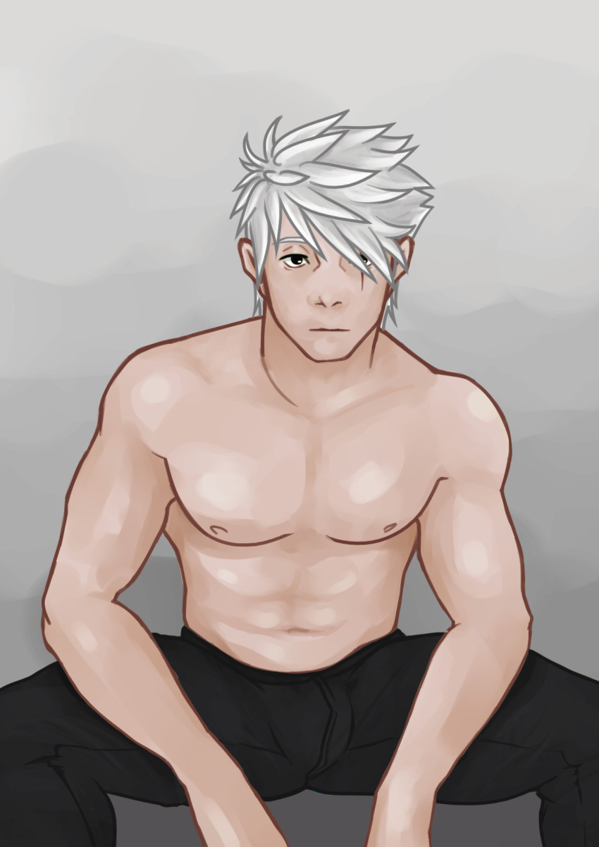 1boy anbu_(naruto) bara bichikyu gay hatake_kakashi kakashi_hatake male male_focus male_only masked masked_male naruto shirtless sitting solo teacher white_hair yaoi