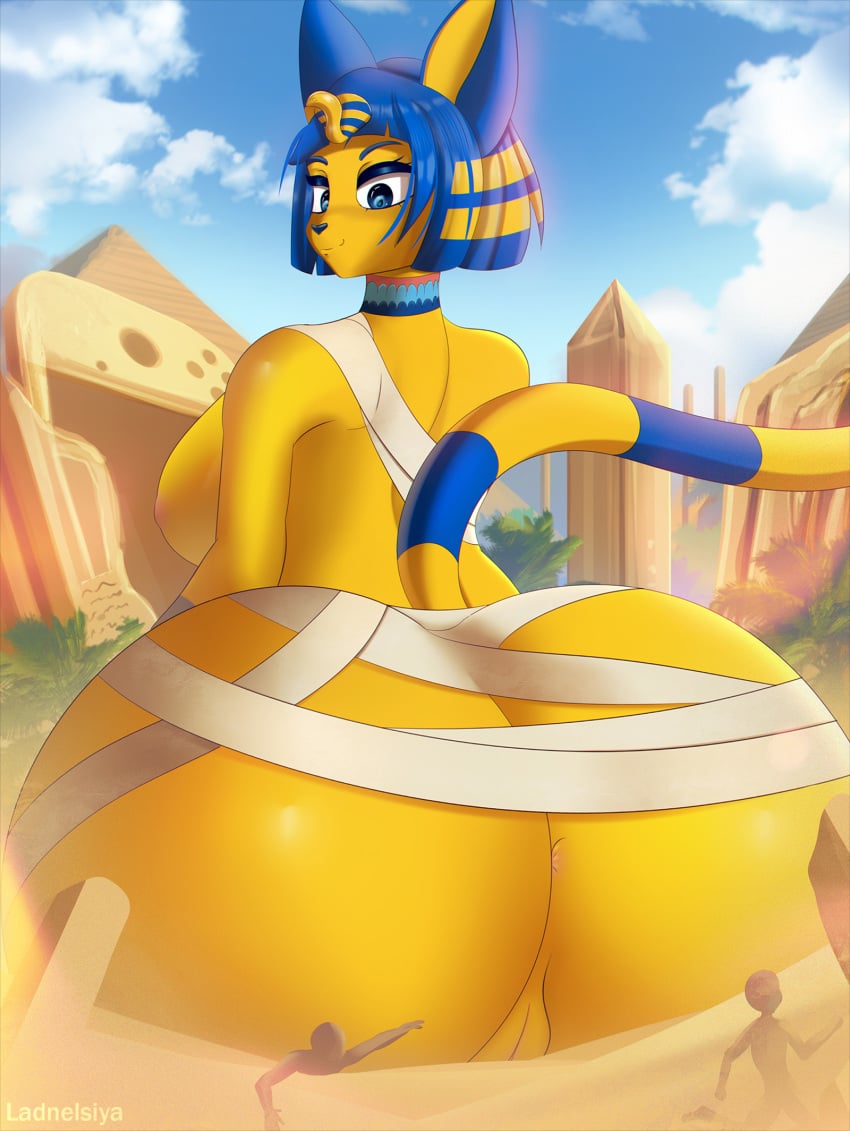 animal_crossing ankha anthro ass bandage big_butt blue_hair breasts domestic_cat felid feline felis female genitals giantess hair hi_res huge_butt ladnelsiya larger_female macro mammal micro mostly_nude nintendo pussy size_difference solo video_games yellow_body