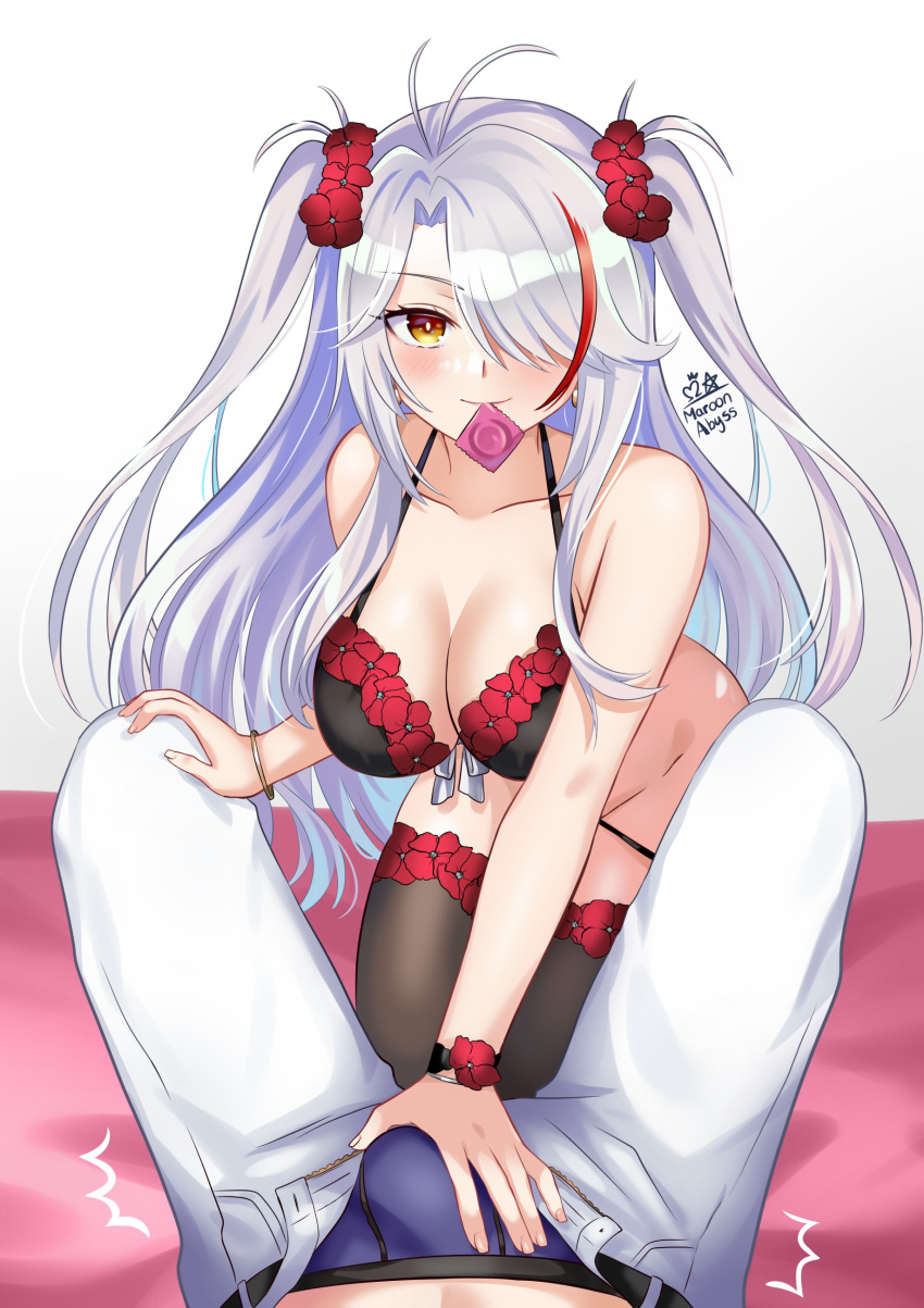 1boy 1girls antenna_hair ass assertive assertive_female azur_lane bed belt blue_underwear blush blushing_at_viewer bra bracelet breasts buldge condom condom_in_mouth condom_wrapper earrings erect_penis erection erection_under_clothing extended_arm eyebrows female_focus flower golden_eyes hair_covering_eye hand_on_knee hand_on_penis happy iron_blood_(azur_lane) laying_down laying_on_bed leggings light-skinned_female light-skinned_male light_skin lingerie looking_at_viewer maroonabyss medium_breasts mouth_hold on_knees panties pov prinz_eugen_(azur_lane) red_hairband signature smile smiling smiling_at_viewer twintails underwear unopened_condom_wrapper white_background white_hair white_pants