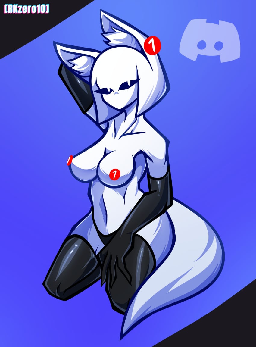 black_gloves black_panties black_thighhighs blue_background breasts censored censored_breasts censored_nipples clyde_(discord) discord discord_(app) ear furry gloves hands_behind_head hands_on_thighs nipple_censor no_mouth panties rkzero10 simple_background tail thighhighs white_skin