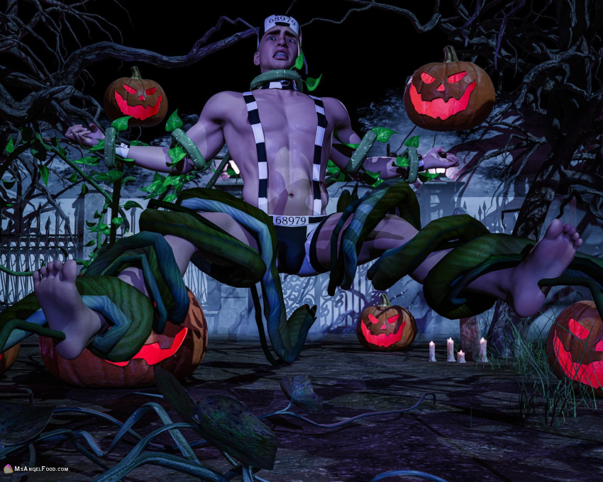 3d 3d_(artwork) bara barefoot bondage feet gay lifted male male_focus male_only msangelfood muscles plant plant_humanoid prison prisoner pumpkin pumpkin_head shirtless shirtless_(male) superhero suspension tentacle_grab tentacle_monster tentacle_on_male tentacle_sex tentacles tickle_torture tickling tickling_feet vines