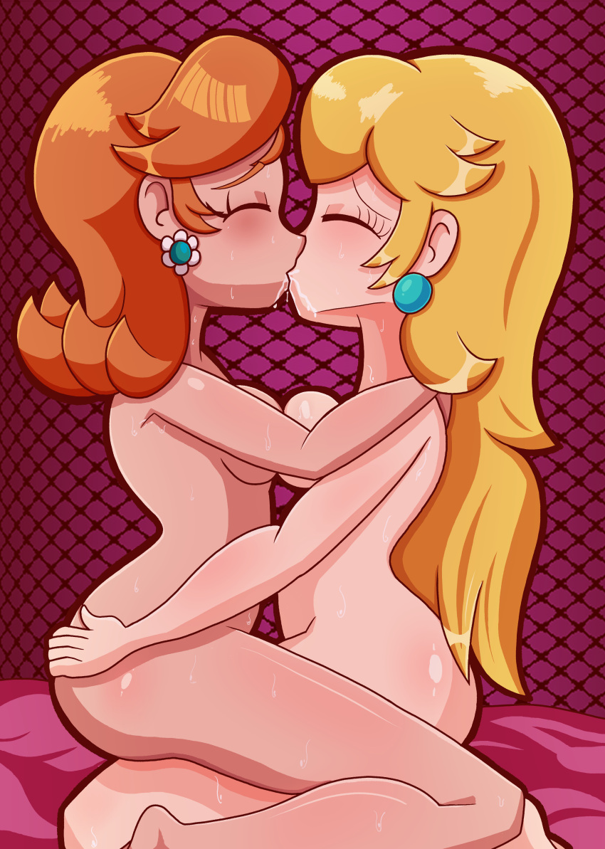 2girls blonde_hair breast_to_breast closed_eyes earrings eyes_closed hands_on_ass kissing lesbian looking_pleasured mario_(series) nintendo nude_female princess_daisy princess_peach red_hair robveemo saliva sitting_on_lap sweat yuri