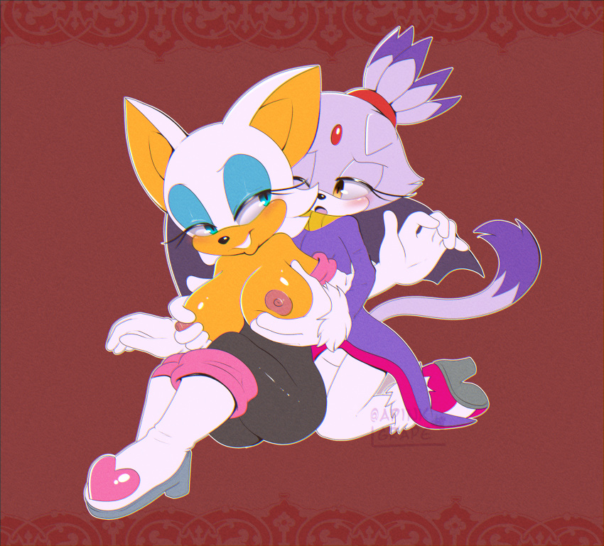 2girls anthro apinkgrape blaze_the_cat blue_eyes boots breasts chiropteran domestic_cat duo eyelashes eyeshadow felid feline felis hairgrape kneeling long_hair makeup mammal multiple_girls ponytail purple_hair rouge_the_bat smile sonic_(series) suit white_hair wings yellow_eyes yuri