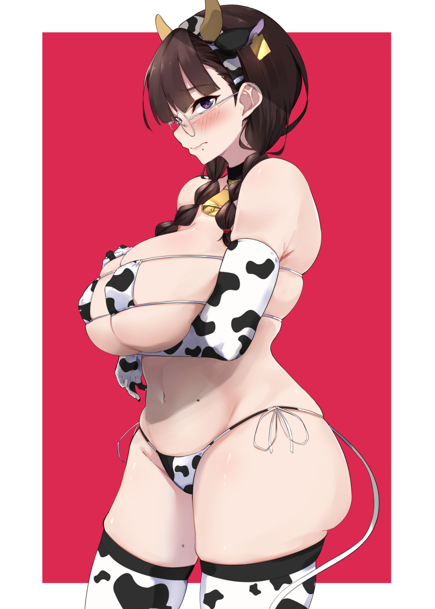 1girls 96nokimihito animal_ears animal_print arm_under_breasts ass bell big_ass bikini blue_eyes blush braid braided_twintails brown_hair closed_mouth clothing cow_bell cow_ears cow_horns cow_print cow_suit cow_tail curvaceous cute elbow_gloves erect_nipples erect_nipples_under_clothes eyepatch_bikini fake_animal_ears fake_horns female freckles fringe glasses gloves hair_over_shoulder hair_tie hand_on_chest hand_on_own_chest high_resolution horns huge_breasts in_profile jimi_kyonyuu_megane_(96nokimihito) large_filesize long_hair looking_at_viewer mole mole_under_mouth navel neck_bell nipples original pale-skinned_female print_bikini print_gloves print_hairband print_swimsuit purple_eyes red_background shy side-tie_bikini side-tie_bottom simple_background skindentation solo standing swimsuit tail teenager thighhighs tied_hair twin_braids twintails two-tone_background very_high_resolution white-framed_eyewear white_background