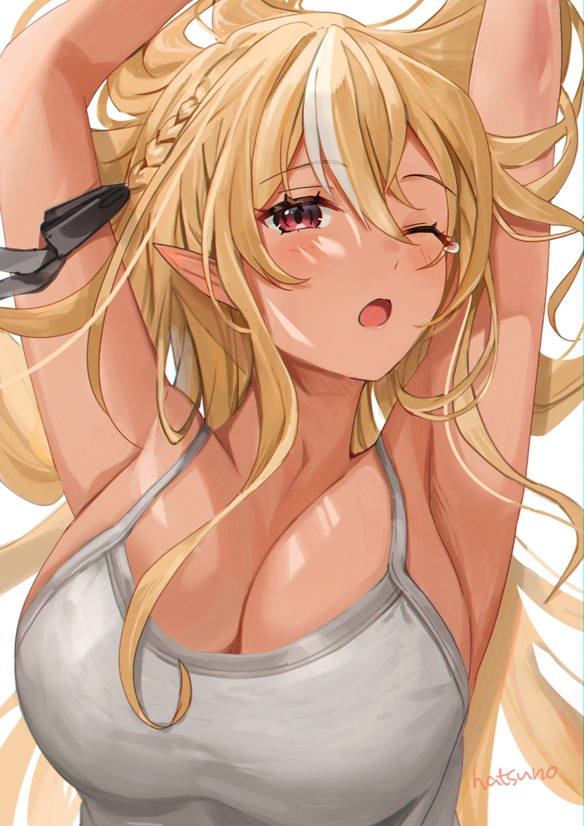 1girls 2021 ;o armpits arms_up bangs black_ribbon blonde_hair braid breasts camisole dark-skinned_female dark_skin eyebrows_visible_through_hair female female_focus female_only floating_hair hair_between_eyes hair_ribbon hatsuno_xxx highres hololive hololive_fantasy hololive_japan large_breasts long_hair looking_at_viewer multicolored_hair one_eye_closed pointy_ears red_eyes ribbon shiranui_flare signature simple_background solo solo_female solo_focus streaked_hair tearing_up upper_body virtual_youtuber white_background white_hair