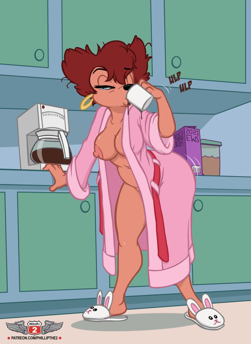 1girls anthro bathrobe bed_head breasts bunny_slippers coffee coffee_mug disheveled_hair disney eric_schwartz female female_focus female_only goof_troop kitchen mature_female milf morning nipples nude_female open_robe peg_pete phillipthe2 thick_thighs thighs