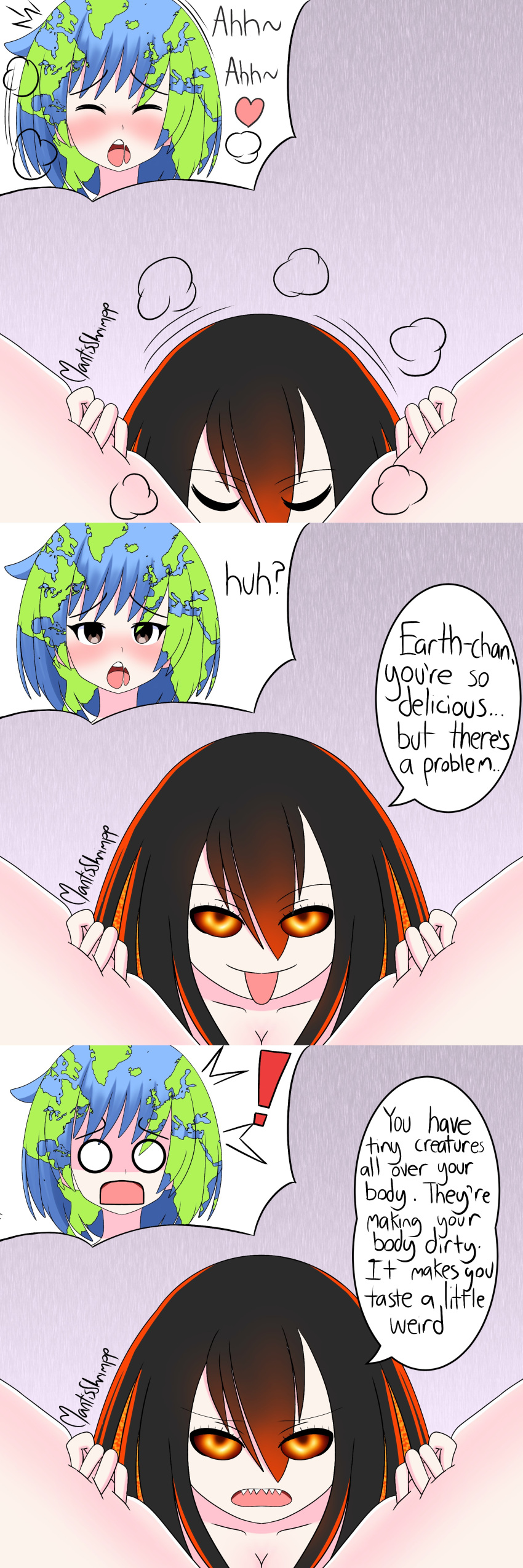 2girls black_hole_chan blush cunnilingus earth-chan horny_sub legs_held_open m87_black_hole misanthropy multiple_girls short_hair speech_bubble tagme unhappy_female yuri