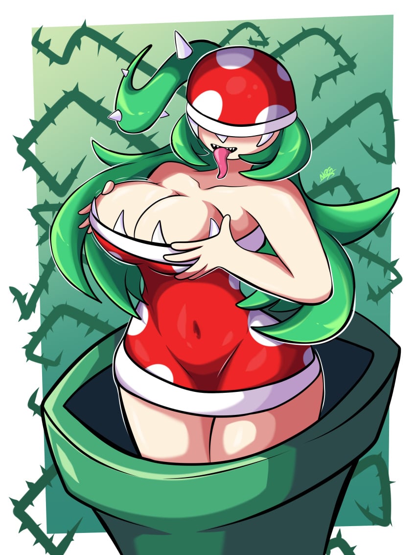 1girls 2d big_breasts boobs breast_grab breasts cleavage clothing deep_cleavage detailed_background female female_only green_background green_hair green_pipe hand_on_breast hat holding_breast humanized long_hair mario_(series) nrgxer piranha_plant piranha_plant_girl plant pointy_teeth red_dress rule_63 sharp_teeth simple_background solo solo_female standing thick_thighs thighs thorns tight_clothing tongue tongue_out vines warp_pipe wet_tongue white_border