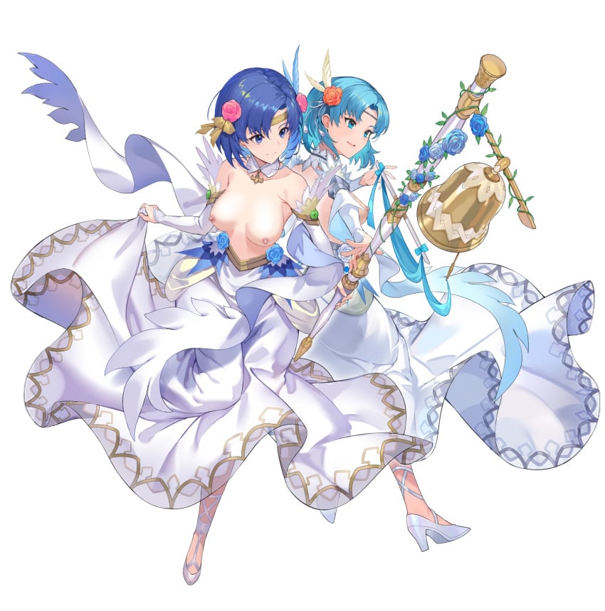 2girls alternate_costume biggitybiggitybig blue_eyes blue_hair breasts bride catria_(bridal)_(fire_emblem) catria_(fire_emblem) dark_blue_eyes dark_blue_hair edit female_only fire_emblem fire_emblem:_the_binding_blade fire_emblem_echoes:_shadows_of_valentia fire_emblem_heroes high_heels kakage light_blue_eyes light_blue_hair medium_breasts multiple_girls nintendo nipples nude_filter official_alternate_costume official_art open_mouth png short_hair small_breasts smile thea_(bridal)_(fire_emblem) thea_(fire_emblem) transparent_background wedding_dress