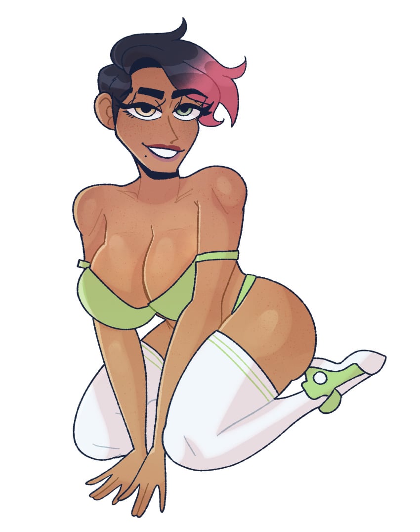 2021 big_ass big_breasts big_butt black_hair bra female freckles green_eyes heterochromia latina looking_at_viewer melat0nin ombre_hair original original_character piper_serrano pixeltry png presenting tan_skin teasing transparent_background yellow_eyes