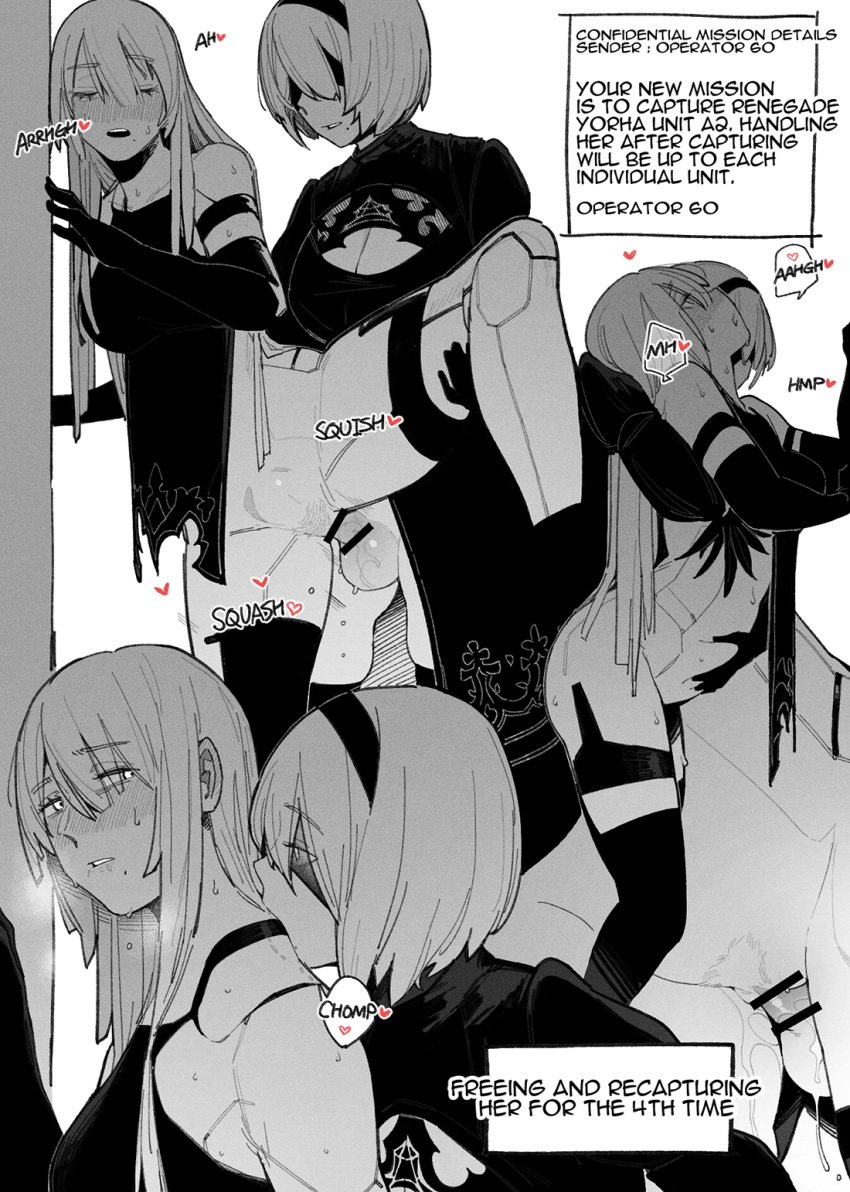 1futa 1girls against_wall arched_back balls big_breasts big_penis biting biting_shoulder blindfold breasts censored censored_penis duo erection female from_behind futa_on_female futadom futanari headband human huqu monochrome nier:_automata partially_clothed penis pubic_hair resisting_orgasm sex standing stomach_bulge testicles text vaginal_penetration vaginal_sex white_hair yorha_2b yorha_a2