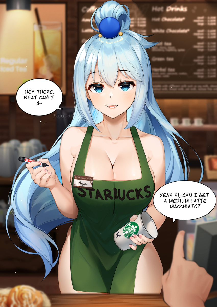 1girls apron aqua_(konosuba) aqua_eyes big_breasts blue_eyes blue_hair breasts female hair_ornament huge_breasts iced_latte_with_breast_milk kono_subarashii_sekai_ni_shukufuku_wo! large_breasts long_hair meme sasoura speech_bubble standing text thick_thighs thighs wide_hips