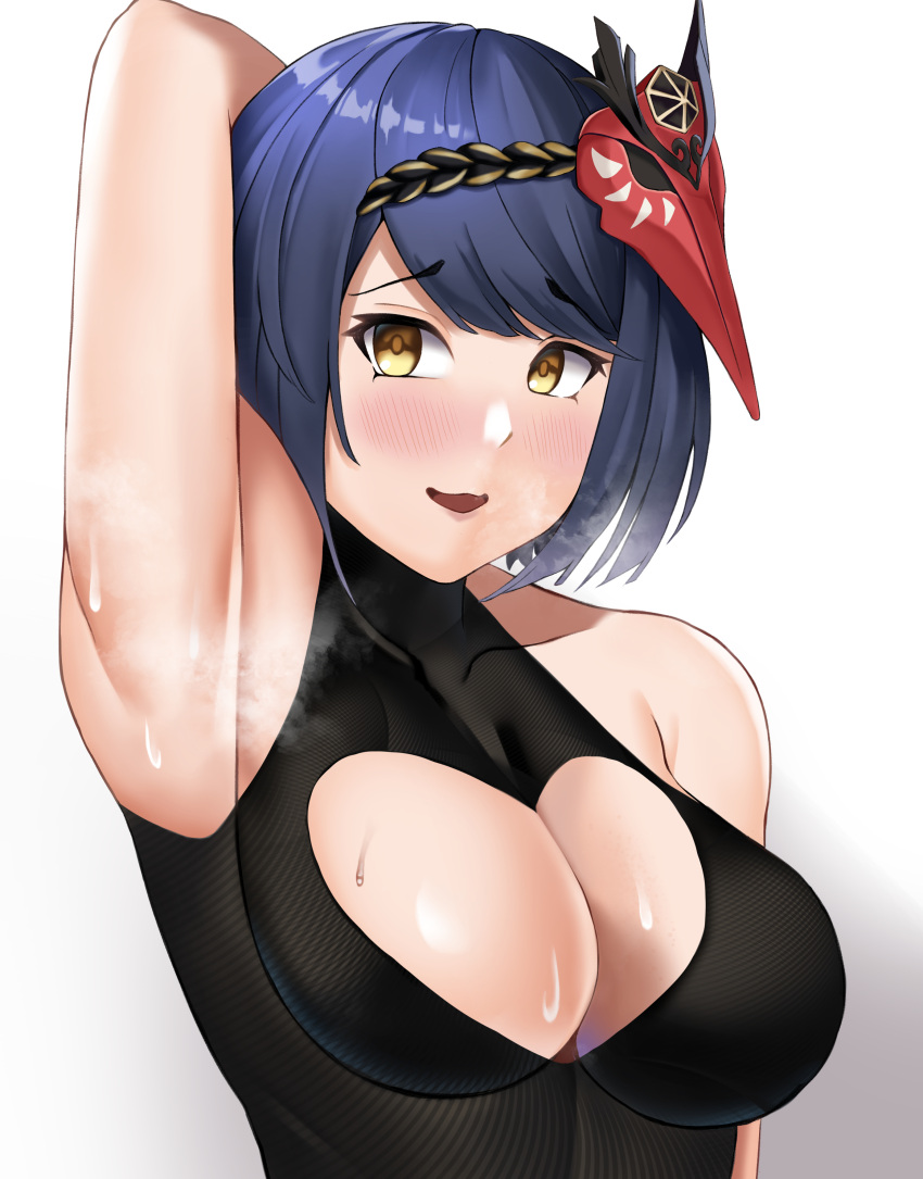 1girls 2021 arm_up armpit armpit_fetish armpit_focus big_breasts blue_hair breast_cutout breasts cleavage cleavage_cutout female female_focus female_only genshin_impact kujou_sara looking_at_viewer open_mouth player_viewpoint simple_background smell smelly smelly_armpits solo solo_female solo_focus steam steamy_armpit steamy_breath sweat sweatdrop sweaty_armpit upper_body white_background xkezty yellow_eyes