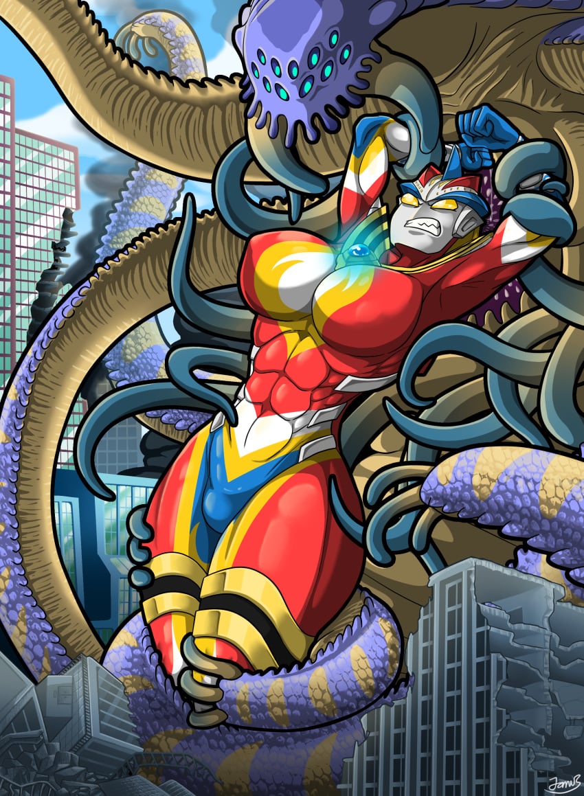 1girls abs big_breasts fan_character female giantess janus_jammy kaiju muscular_female muscular_thighs nipple_bulge original_character superheroine tagme tentacle thick_thighs thighs ultraman_(franchise)