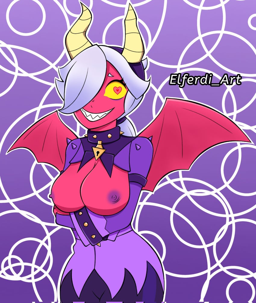 1girls big_breasts brawl_stars breasts breasts_out clothing colette_(brawl_stars) demon demon_girl demon_wings elferdiart elferdiartnsfw eyelash female hair_over_one_eye horns nipples purple_nipples red_skin sharp_teeth smiling trixie_colette_(brawl_stars) white_hair wings yellow_eyes