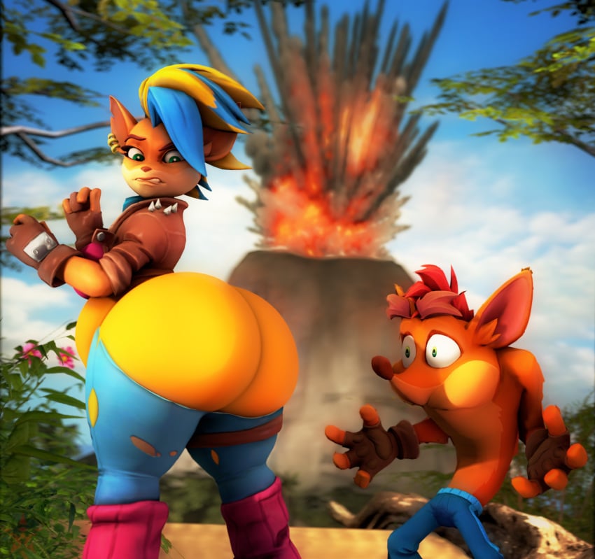 3d 3d_(artwork) activision anthro ass ass_bigger_than_head bandicoot belly big_belly big_butt blonde_hair blue_hair breasts clothed clothing crash_(series) crash_bandicoot digital_media_(artwork) duo ear_piercing ear_ring exposed_butt facing_rear female fur furry furry_female furry_male green_eyes hair hi_res huge_ass male mammal marsupial multicolored_hair pestilad piercing pirate_tawna ring_piercing tawna_bandicoot tawna_bandicoot_(crash_4) tropics turned_around two_tone_hair wide_eyed