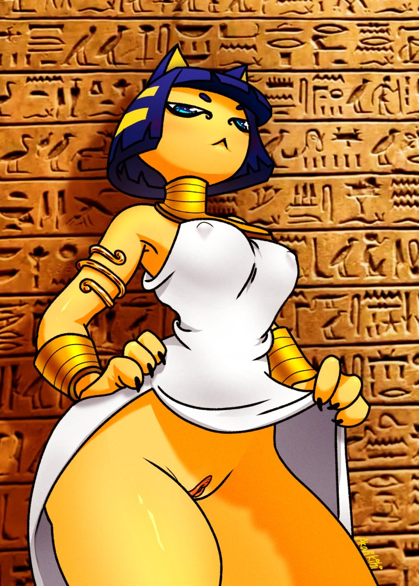 akarikihi animal_crossing ankha ankha_ride_(minus8) anthro blue_eyes blue_hair cat_ears cat_humanoid covering_breasts erect_nipples felid feline felis female fur furry furry_only genitals gold_jewelry hi_res nintendo partially_clothed pov pussy topwear yellow_fur