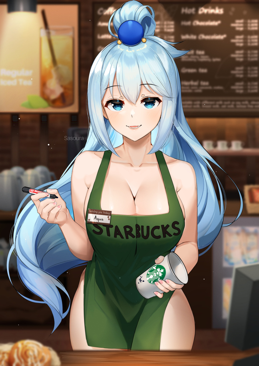 1girls apron aqua_(konosuba) aqua_eyes big_breasts blue_eyes blue_hair breasts female hair_ornament huge_breasts iced_latte_with_breast_milk kono_subarashii_sekai_ni_shukufuku_wo! large_breasts long_hair meme sasoura standing thick_thighs thighs wide_hips