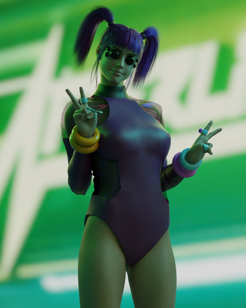 1girls 3d alternate_version_available blender cd_projekt_red clothed cyberpunk_2077 female_only goggles light-skinned_female looking_at_viewer phoenix3d pinup purple_force_(cyberpunk_2077) purple_hair solo solo_female sunglasses tight_clothing tight_fit tinted_eyewear