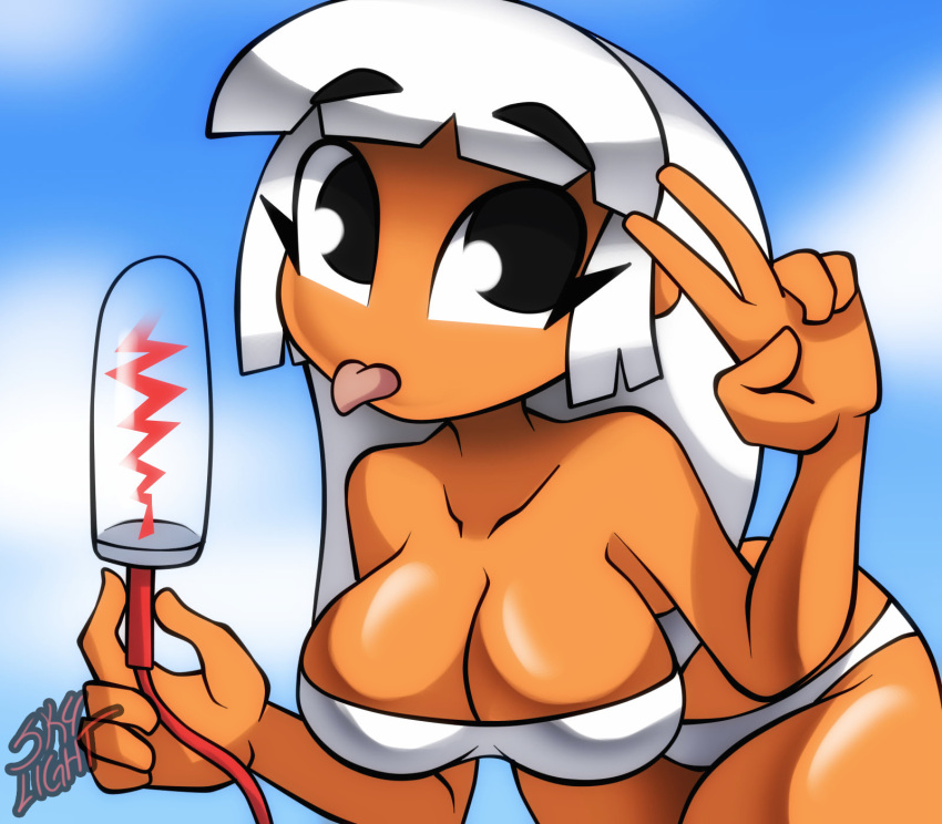 beach bent_over bikini cleavage eyebrows_visible_through_hair eyelashes frequency hotwaii_girl_(minus8) original peace_sign popsicle sky skylight_(artist) suggestive tan_body tongue_out white_hair