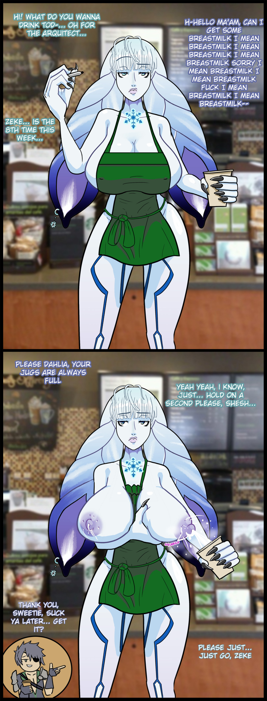 ashentrickster big_breasts big_nipples blue_eyes blue_fur blue_skin bunny_ears comic dahlia_(xenoblade) edit iced_latte_with_breast_milk lactating lactation meme milf milk milking starbucks tagme xenoblade_(series) xenoblade_chronicles_2 zeke_von_genbu_(xenoblade)