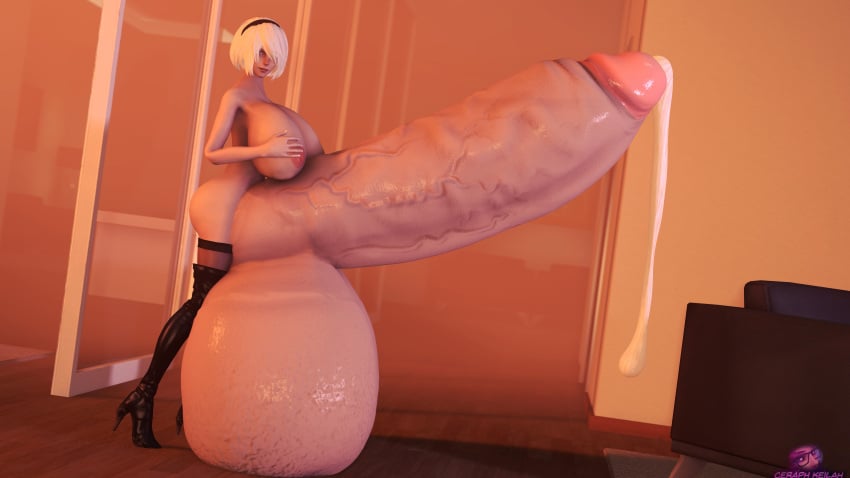 1futa 3d areolae balls balls_bigger_than_head breasts ceraph_keilah cum erect_penis erection futa_only futanari gigantic_balls gigantic_penis huge_balls huge_breasts huge_cock hyper hyper_balls hyper_penis hyper_testicles indoors light-skinned_futanari light_skin mostly_nude nier:_automata nipples nude nude_futanari partially_clothed penis solo solo_futa standing testicles topless white_hair yorha_2b