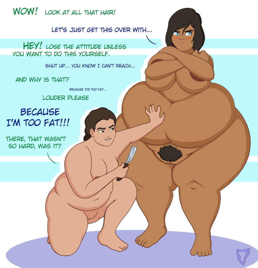 2girls avatar_legends bbw belly big_belly blue_eyes blush breasts brown_hair brown_skin csmkynes english_text fat female korra kuvira large_breasts mole mole_under_eye multiple_girls nickelodeon nipples obese overweight overweight_female pubic_hair pussy razor shaving shaving_another shaving_pussy ssbbw text the_avatar the_legend_of_korra water_tribe