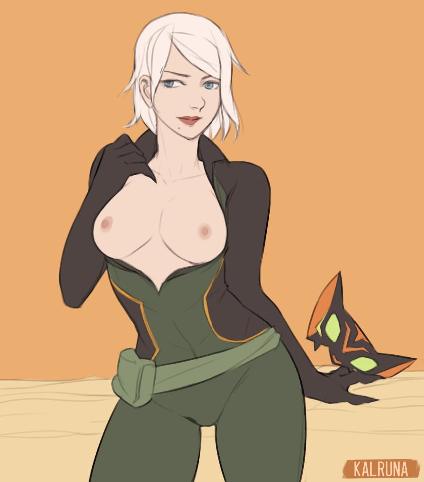 areola areolae big_breasts blue_eyes breasts breasts_out carmen_sandiego_(2019) female female_focus female_only green hand_on_chest holding_mask holding_object kalruna lipstick mask nipples open_clothes tagme tigress_(carmen_sandiego) white_hair