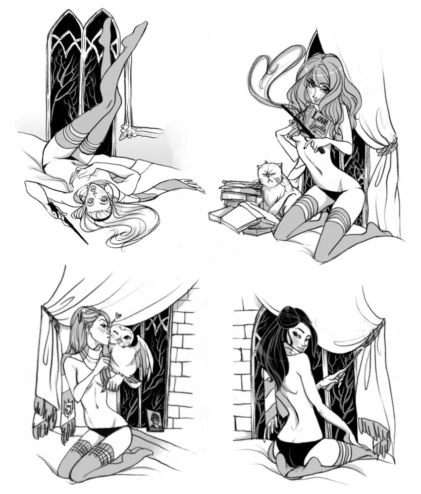 4girls black_and_white book breasts cat cho_chang covering_breasts english_text female female_only ginny_weasley gryffindor gryffindor_scarf harry_potter hermione_granger kneeling legs_up luna_lovegood monochrome multiple_girls owl panties punkbunny223 ravenclaw small_breasts text wand window witch_(harry_potter)