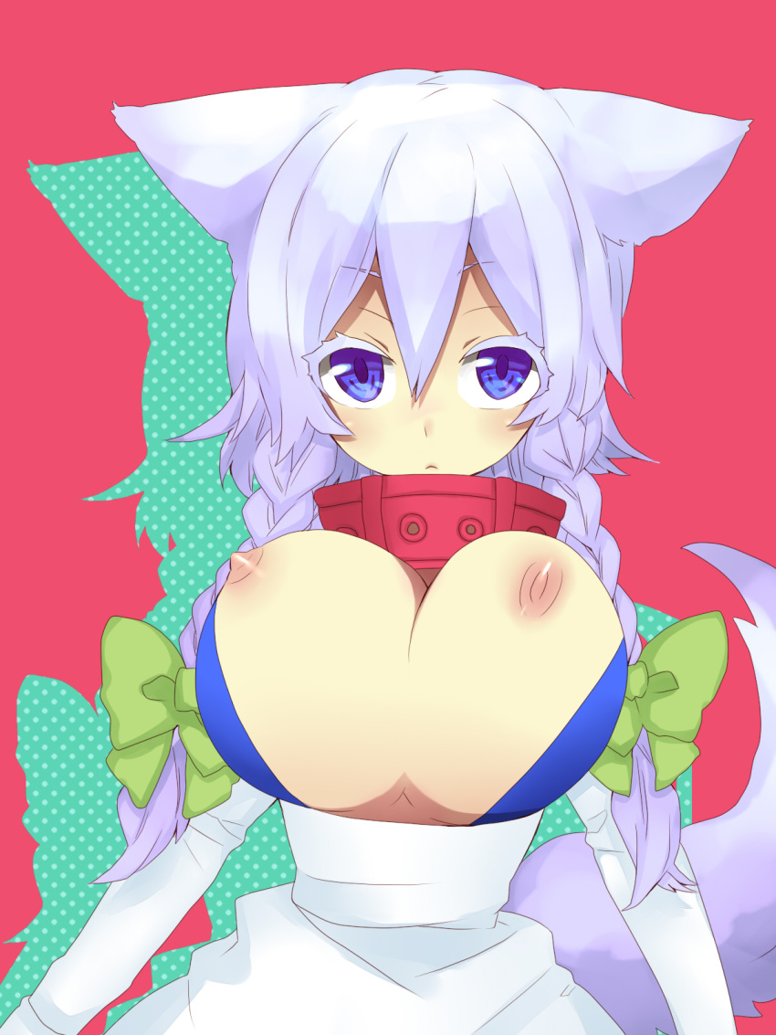 blue_eyes bouncing_breasts braid breasts collar dog_ear dog_tail highres inu_sakuya kemonomimi_mode large_breasts monmonji nipples sakuya_izayoi short_hair silver_hair tail touhou twin_braids