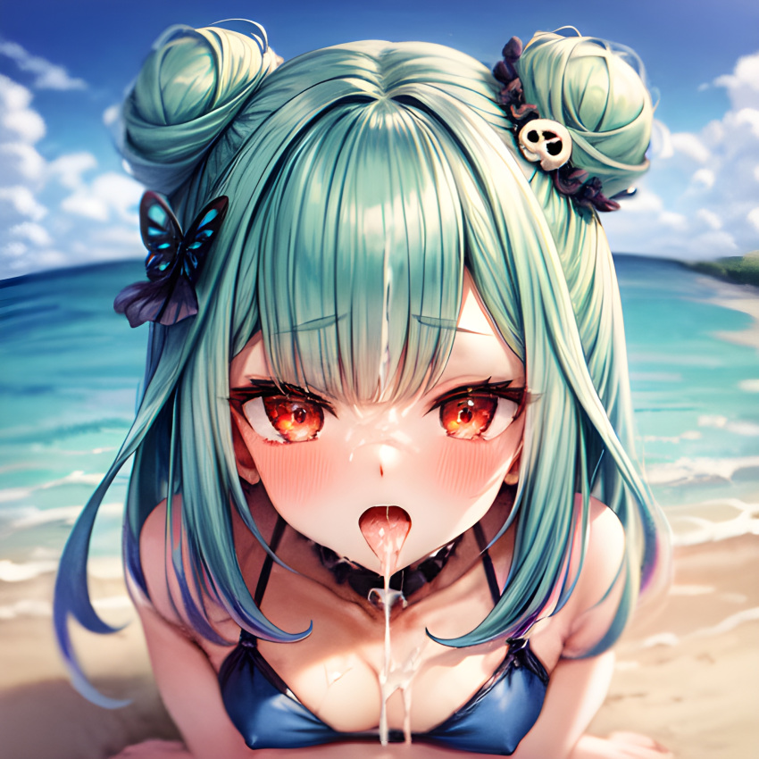 1girls ai_generated bikini cleavage cum cum_in_mouth cum_on_breasts green_hair hi_res hololive kneeling looking_at_viewer open_mouth red_eyes small_breasts stable_diffusion uruha_rushia virtual_youtuber