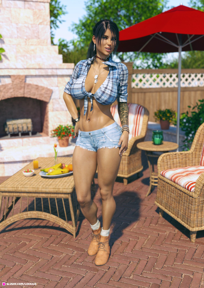 3d arm_tattoo black_hair brown_eyes brown_hair choker earrings hoop_earrings jean_shorts large_breasts lexx228 outdoor outdoors outside pinup solo solo_female tattoo