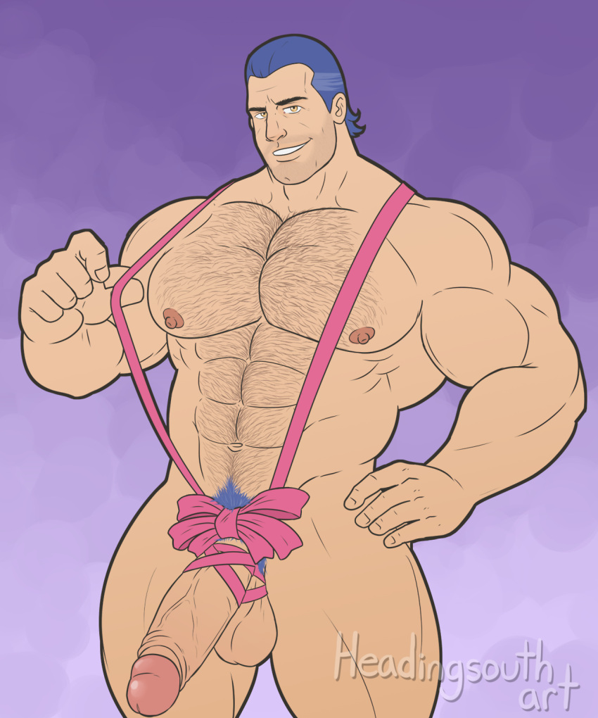 balls big_balls big_penis hairy headingsouth male male_only muscles penis ribbons solo solo_male