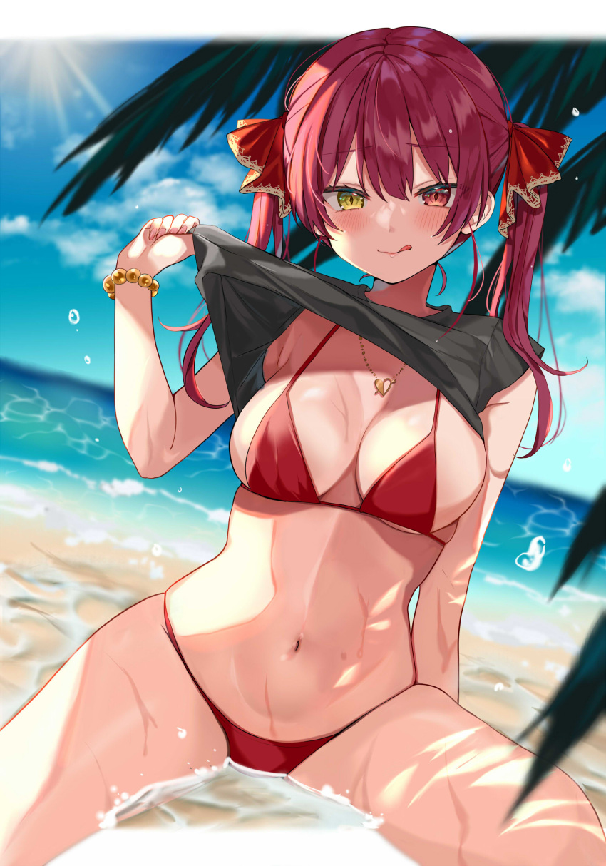 1girls 2020 :q absurdres bare_shoulders beach bead_bracelet beads bikini black_shirt blurry bracelet breasts cleavage closed_mouth clothes_lift day depth_of_field female female_focus female_only hair_ribbon hand_up heterochromia highres hololive hololive_fantasy hololive_japan houshou_marine jewelry large_breasts lifted_by_self long_hair looking_at_viewer navel necklace ocean outdoors red_bikini red_eye red_hair ribbon satoupote shirt shirt_lift sky sleeveless sleeveless_shirt smile solo solo_female solo_focus stomach string_bikini sun sunlight swimsuit thighs tongue tongue_out twintails virtual_youtuber water wet yellow_eye