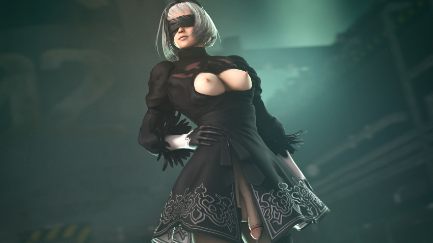 1futa 3d balls blindfold breasts breasts_out demisak flaccid futa_only futanari light-skinned_futanari light_skin nier:_automata nipples penis solo solo_futa testicles yorha_2b