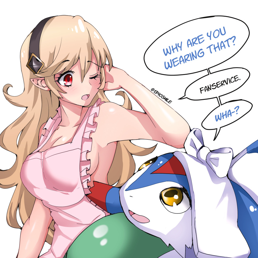 1340smile 1:1 2021 2girls absurd_res apron arms_up artist_name ball bare_arms bare_shoulders blue_body breaking_the_fourth_wall cleavage clothing confused confusion corrin_(female)_(fire_emblem) corrin_(fire_emblem) crystal_ball dialogue dragon english_text eyebrows_visible_through_hair female female_only fire_emblem fire_emblem_fates frilled_apron frills hairband hand_on_head head_scarf highres lilith_(fire_emblem) looking_at_another multiple_girls naked_apron nintendo one_eye_closed open_mouth platinum_blonde_hair red_body red_eyes sideboob simple_background smile speech_bubble text the_truth tongue twitter_username watermark white_background white_body yellow_eyes