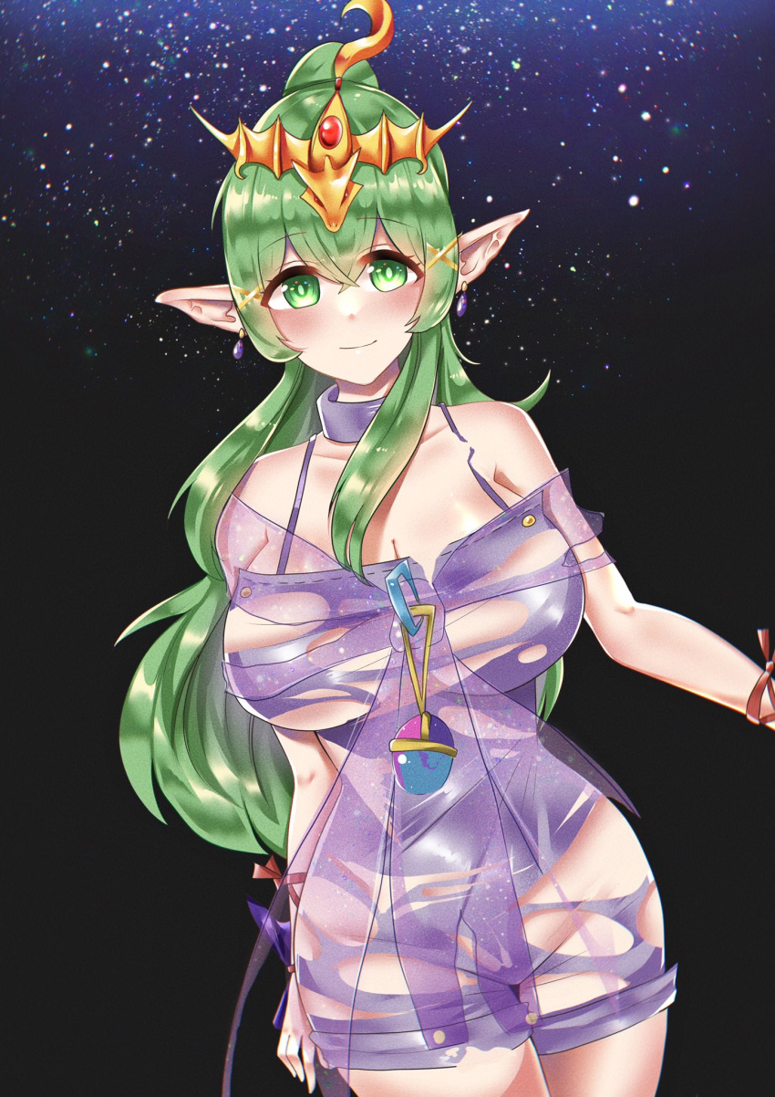 1girls adult alternate_costume bare_shoulders bare_thighs breasts cleavage collar collarbone commission cosplay dress earrings fire_emblem green_eyes green_hair hourglass_figure large_breasts long_hair looking_at_viewer nintendo older pointy_ears ponytail see-through smile solo thighs tiki_(fire_emblem) tiki_(tms#fe) tiki_(young)_(fire_emblem) tokyo_mirage_sessions_#fe torn_clothes very_long_hair waihihi