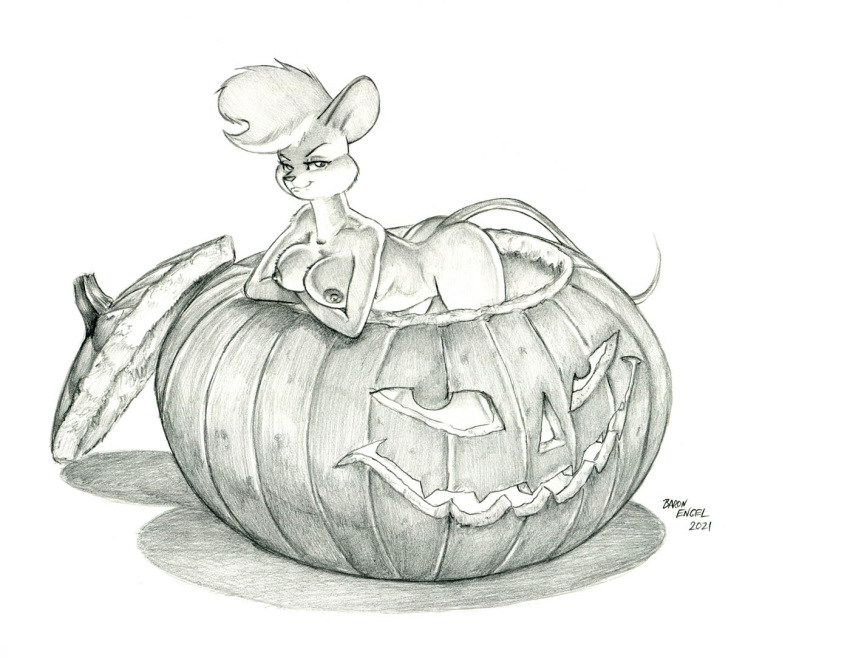 anthro arms_under_breasts baron_engel breasts female food fruit graphite_(artwork) greyscale halloween holidays jack-o'-lantern leaning leaning_forward lidded_eyes looking_at_viewer mammal monochrome mouse murid murine nipples nude pencil_(artwork) petina_demouse plant pumpkin rodent simple_background solo traditional_media_(artwork) white_background