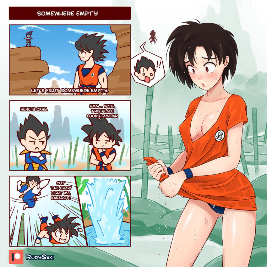 ! !! 1:1 1girls 2021 2boys 4koma accidental_circumstance armor artist_name attack bamboo bare_arms black_hair blue_panties blush breasts brown_eyes chibi cleavage clothed clothing cloud comic crossed_arms crossover dialogue dougi dragon_ball dragon_ball_z drying drying_clothes english_text eyebrows_visible_through_hair falling female fight fighting gender_transformation genderswap_(mtf) hair_down highres jusenkyo kicking looking_at_another looking_down male medium_breasts mountain multiple_boys muscles muscular muscular_male nipple_bulge open_mouth outdoors panties parody patreon_username ranma_1/2 rock rudy_saki rule_63 saiyan saiyan_armor short_hair shoulder_pads sky small_breasts son_goku speech_bubble spiky_hair splashing spoken_character standing subtitled surprised text thighs transformation tsf_4-koma vegeta water watermark wet wet_clothes wristband