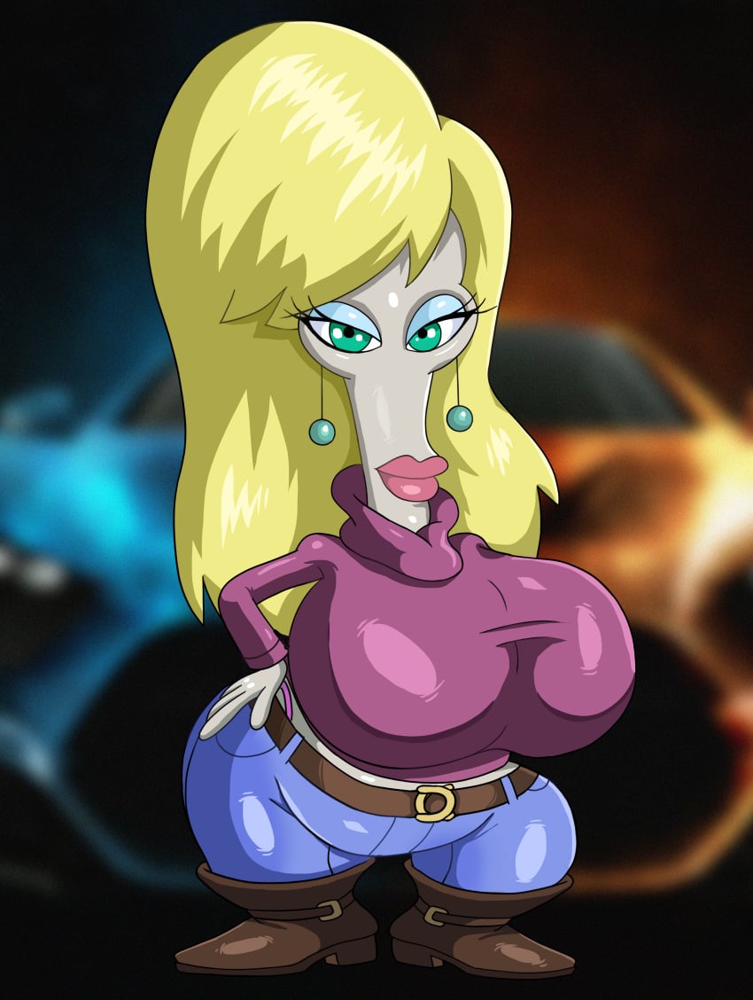 adultart_(artist) alien american_dad backround big_breasts big_lips bimbo blonde_hair boots breasts earrings female genderswap_(mtf) grey_skin hands_on_hips huge_breasts jeans laura_van_der_booben laura_vanderbooben looking_at_viewer male roger_smith shortstack solo_female sweater teal_eyeshadow