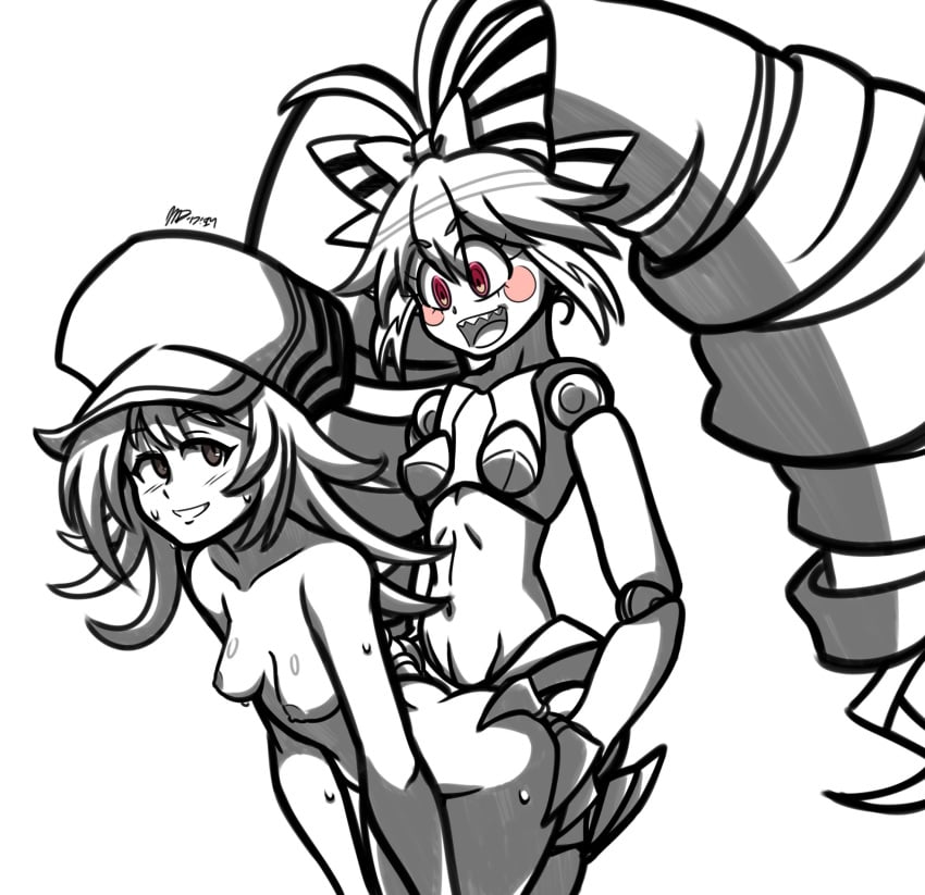 1futa 1girls areolae bent_over breasts crossover cum_in_pussy cum_inside doll_joints drill_hair duo female futa_on_female futanari hat human humanoid looking_back mergeritter micha_jawkan monochrome nipples senki_zesshou_symphogear sex sharp_teeth shiki_misaki source_request standing sweat talons the_world_ends_with_you wide_hips