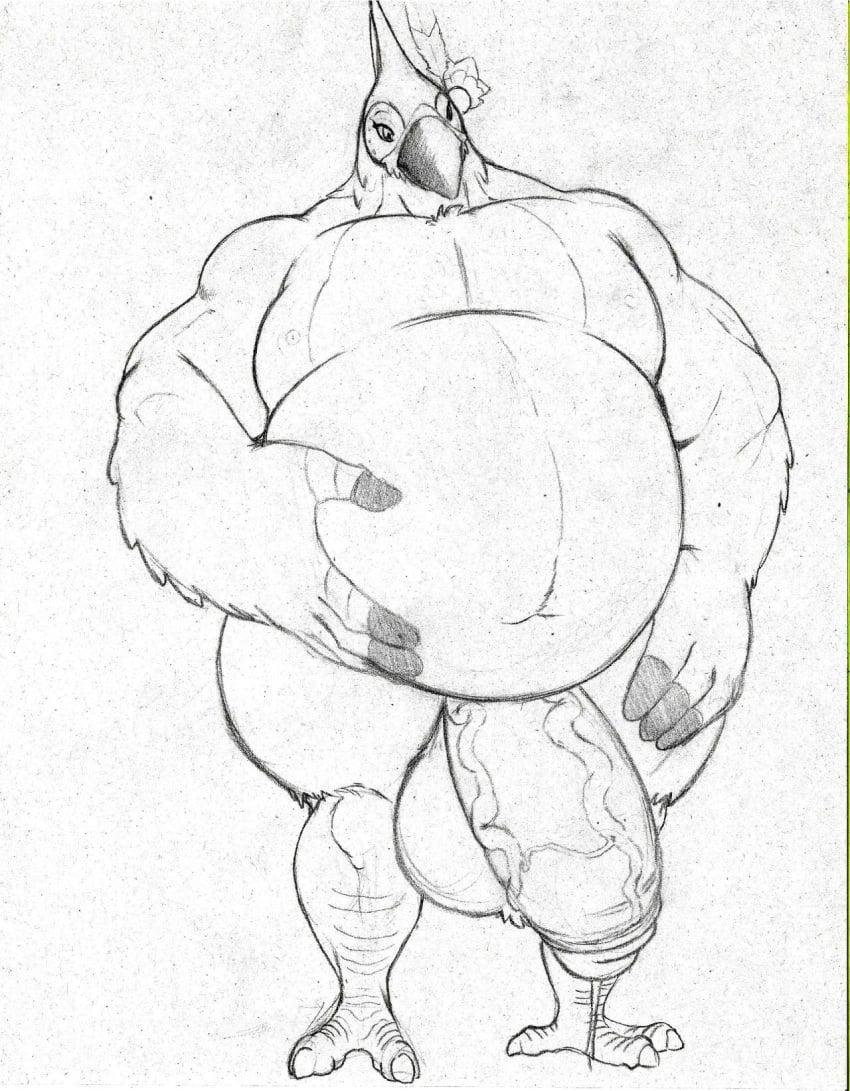 anthro avian balls belly big_balls big_belly breath_of_the_wild hand_on_belly huge_balls huge_cock itzcharlie kass_(zelda) kosmonius male male_only musclegut muscular muscular_male overweight overweight_male penis precum rito solo solo_male the_legend_of_zelda thick_penis thick_thighs veiny_penis