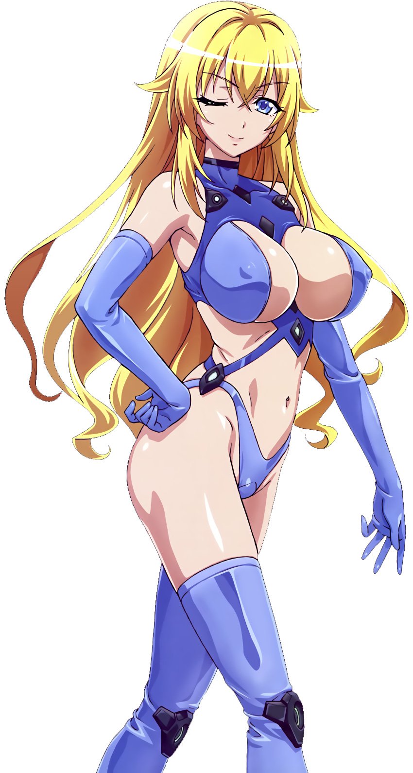 1girls absurdres big_breasts blonde_hair blue_eyes bodysuit breasts busty cleavage covered_erect_nipples erect_nipples_under_clothes hand_on_hip highres large_breasts lips long_hair looking_at_viewer masou_gakuen_hxh navel official_art one_eye_closed pink_lips pose seductive_smile smile solo thick_thighs thighhighs thighs thong yurishia_farandole