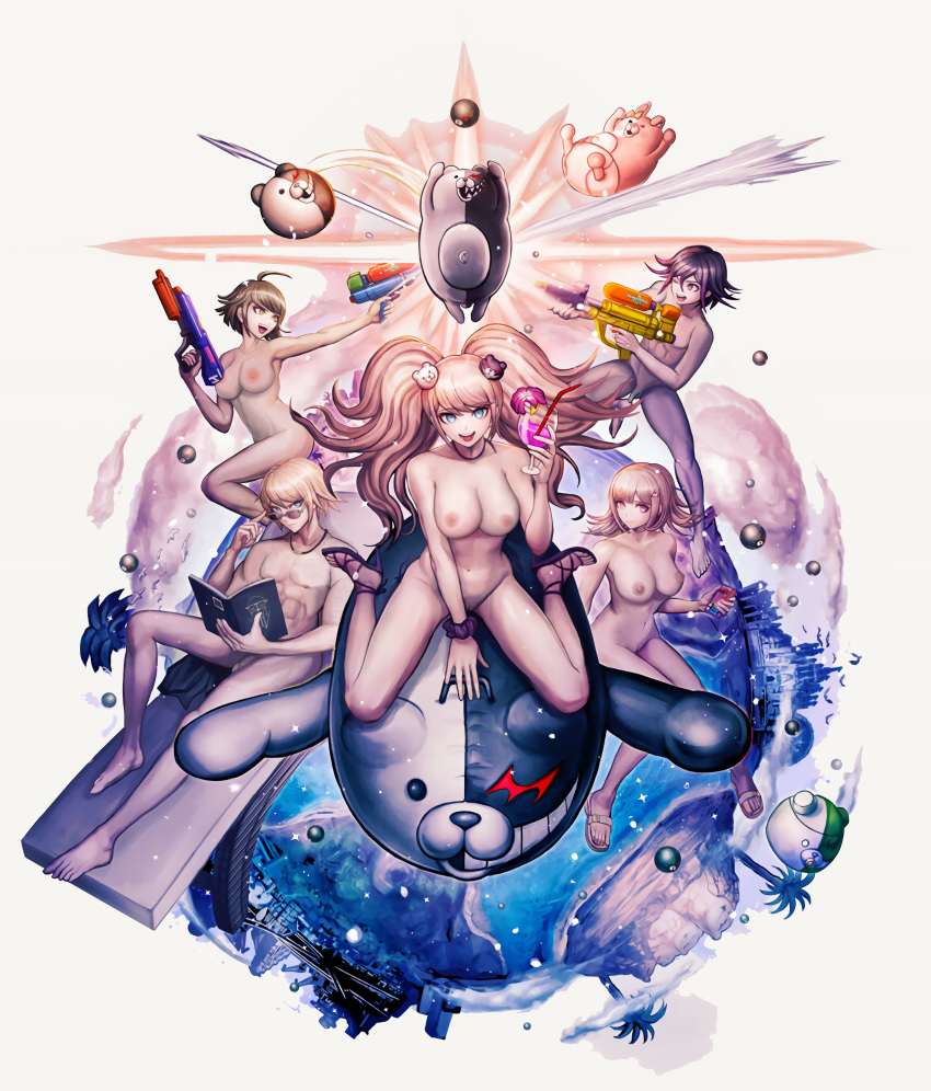 2boys 3girls abs artist_request big_breasts breasts cocktail completely_nude completely_nude_male danganronpa danganronpa:_trigger_happy_havoc danganronpa_1 danganronpa_2:_goodbye_despair danganronpa_s:_ultimate_summer_camp danganronpa_ultra_despair_girls danganronpa_v3 edit hair_ornament happy heels junko_enoshima long_hair looking_at_viewer looking_up monokuma monomi_(danganronpa) multiple_girls naegi_komaru naked naked_footwear naked_sandals naked_with_shoes_on nanami_chiaki navel nude nude_edit nude_female nude_filter nude_male official_art official_style ouma_kokichi pose posing pussy reading sandals short_hair small_penis smile sprite straight_hair sunglasses togami_byakuya twintails wariza watergun white_background