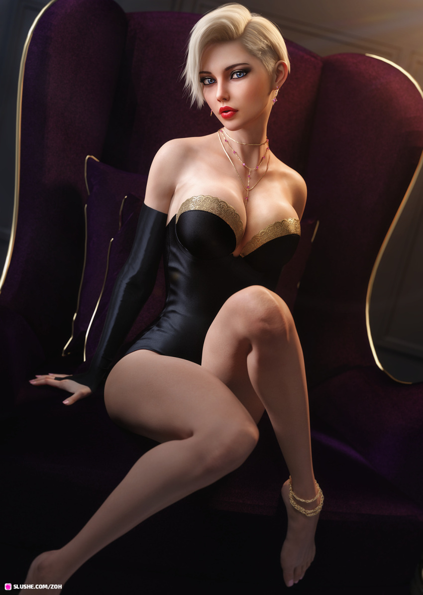 3d anklet armwear barefoot black_dress blonde_hair blue_eyes cleavage feet full_cleavage hazel_(therealzoh) indoors large_breasts lipstick little_black_dress looking_at_viewer makeup necklace original pinup red_lipstick seated short_hair sitting therealzoh